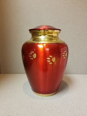 Red Urn with Gold Paw Prints